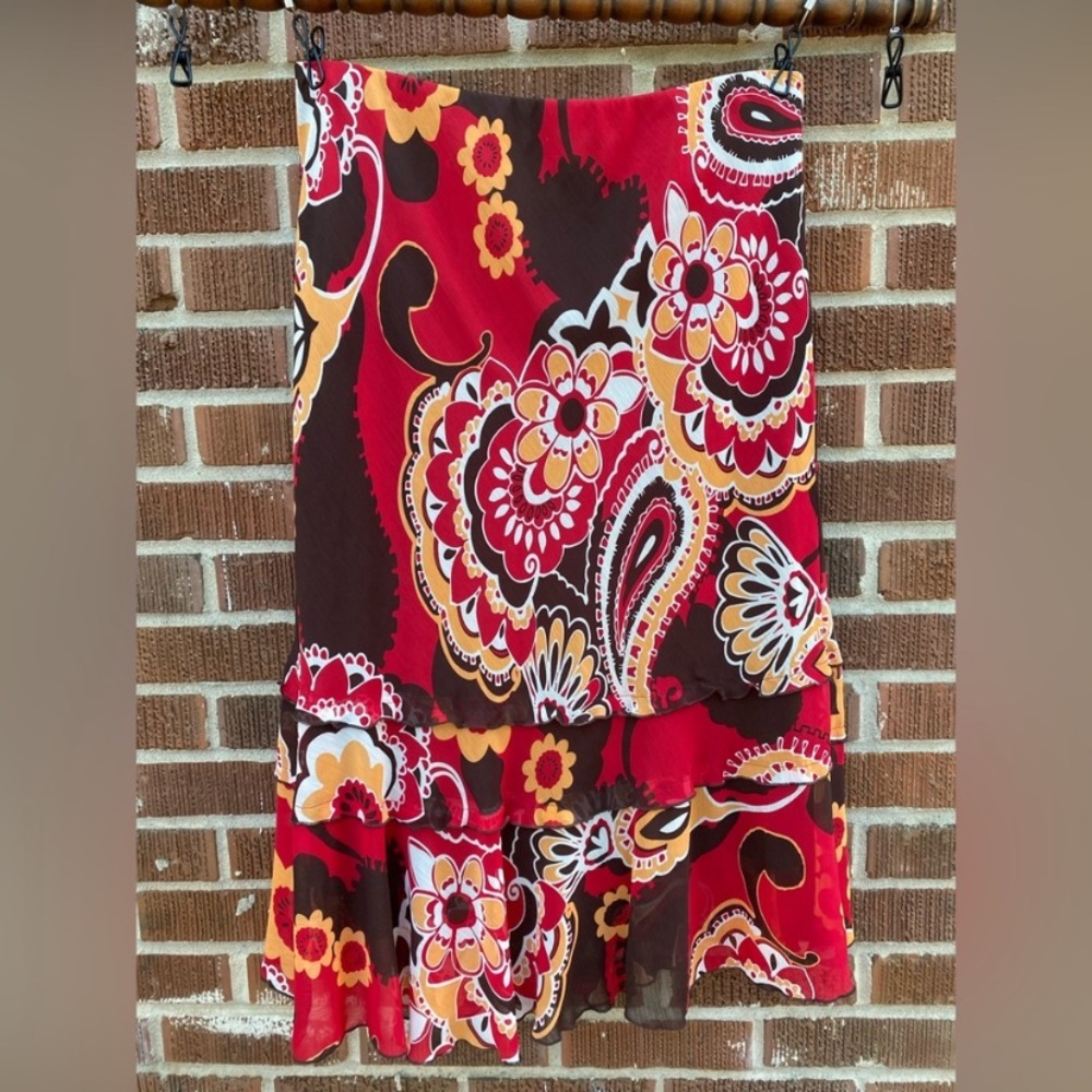Cato Red and brown paisley elastic waist Flowy midi layer ruffled skirt  Sz 10